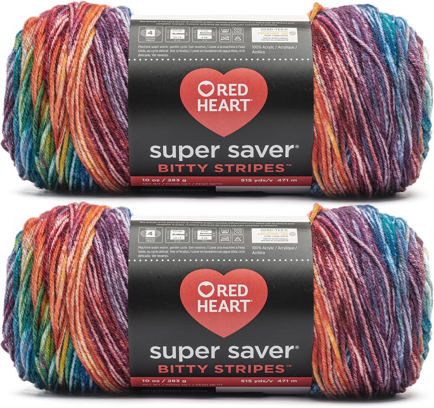 Red Heart Super Saver Bitty Stripes Crayon Box Yarn - 2 Pack of 10oz/283g - 100% Acrylic - #4 Worsted (Medium) - 515 Yards - Knitting/Crochet